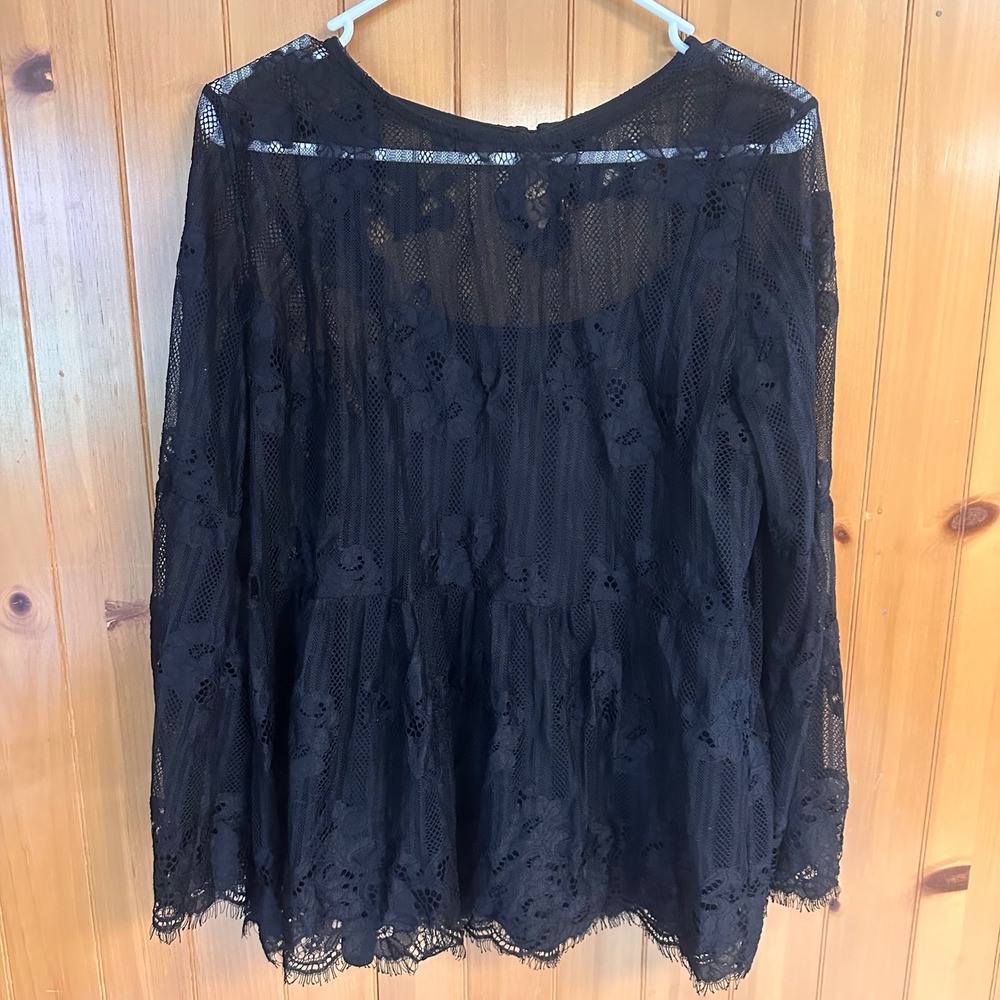 Luna Rae Womens Black Floral Lace Peplum Top Long Sleeve Eyelash Trim Size Large